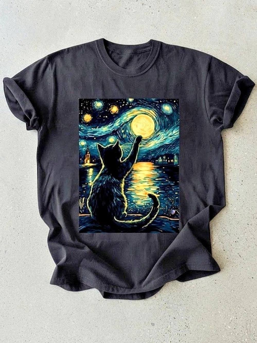 Starry Night Cat Tee Gildan T-Shirt Black Graphic Art Top